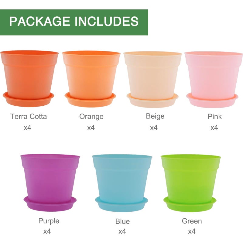 SwinDuck 4 inch Plant Pots, 28 Pack Small Plastic Planters with Drainage Holes and Saucers for Flowers Plants, Succulents, Seed Starting Pots, Colorful - Image 5