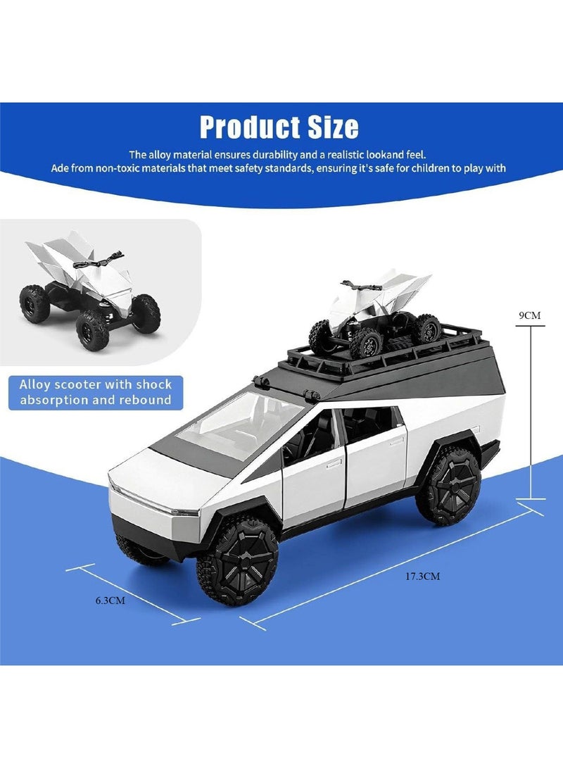 CHE ZHI 1:32 Alloy Collectible Tesla Cybertruck Camping RV Pickup Car Model Toy With Motorcycle and Camping Equipment, Diecast Zinc Alloy Mammoth Pull Back Collectible Toy Car, Sound and Light Pull Back Model Car for Kids Boy Girl Gift 17.3cm*6.3cm*9cm (Silver) - Image 2