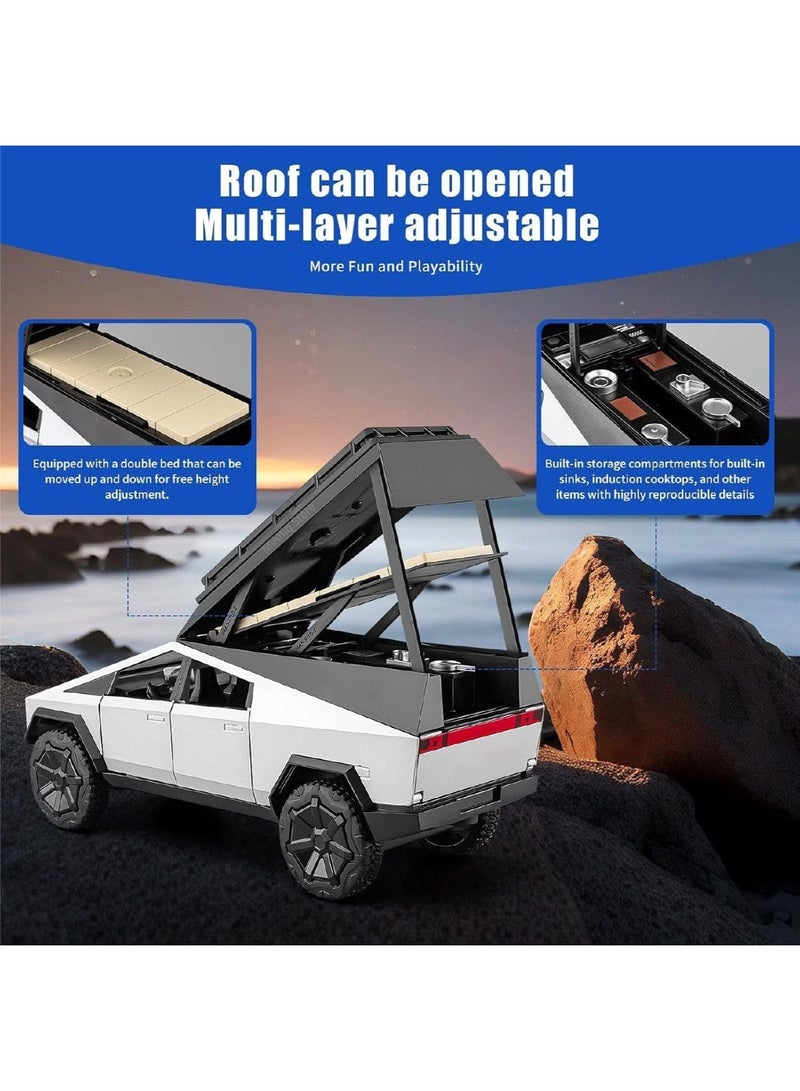 CHE ZHI 1:32 Alloy Collectible Tesla Cybertruck Camping RV Pickup Car Model Toy With Motorcycle and Camping Equipment, Diecast Zinc Alloy Mammoth Pull Back Collectible Toy Car, Sound and Light Pull Back Model Car for Kids Boy Girl Gift 17.3cm*6.3cm*9cm (Silver) - Image 5