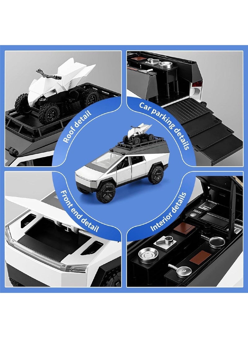 CHE ZHI 1:32 Alloy Collectible Tesla Cybertruck Camping RV Pickup Car Model Toy With Motorcycle and Camping Equipment, Diecast Zinc Alloy Mammoth Pull Back Collectible Toy Car, Sound and Light Pull Back Model Car for Kids Boy Girl Gift 17.3cm*6.3cm*9cm (Silver) - Image 4