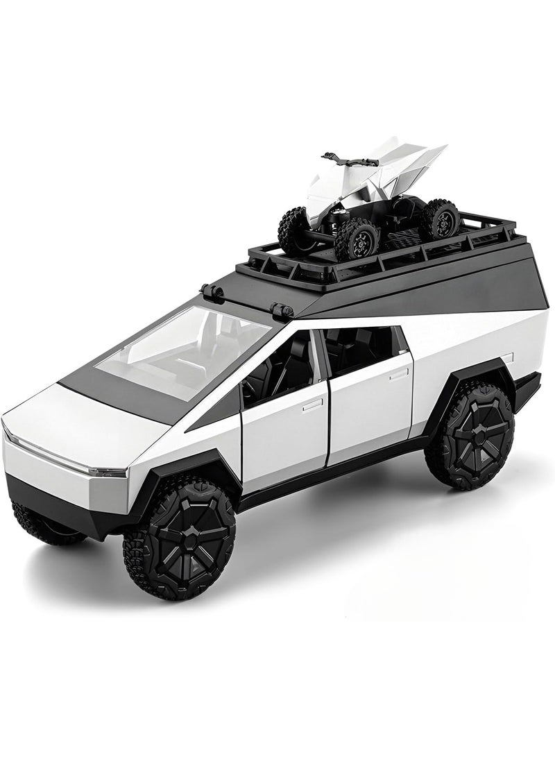 CHE ZHI 1:32 Alloy Collectible Tesla Cybertruck Camping RV Pickup Car Model Toy With Motorcycle and Camping Equipment, Diecast Zinc Alloy Mammoth Pull Back Collectible Toy Car, Sound and Light Pull Back Model Car for Kids Boy Girl Gift 17.3cm*6.3cm*9cm (Silver) - Image 1