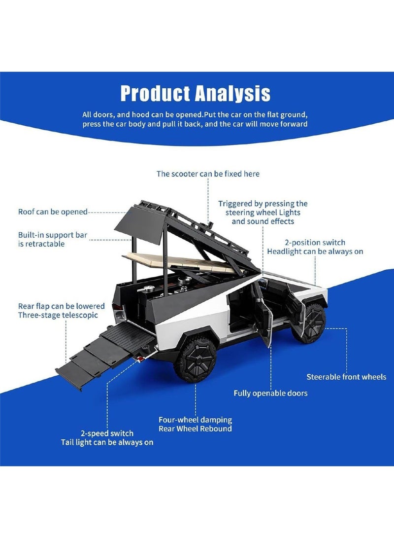 CHE ZHI 1:32 Alloy Collectible Tesla Cybertruck Camping RV Pickup Car Model Toy With Motorcycle and Camping Equipment, Diecast Zinc Alloy Mammoth Pull Back Collectible Toy Car, Sound and Light Pull Back Model Car for Kids Boy Girl Gift 17.3cm*6.3cm*9cm (Silver) - Image 3