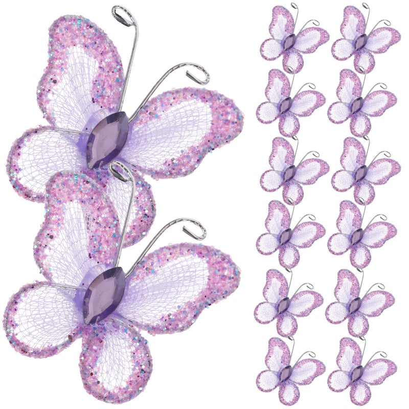 Sheer Mesh Wire Glitter Butterfly with Gem for Wedding Decorating Purple 50pcs