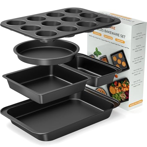 Zapstarz 5 Pieces Baking Pans Set Nonstick Baking Sheet Tray Oven Pans Bakeware Set Baking Supplies with RoundSquare Cake Pan Muffin Pan Loaf Pan Roast Pan Stackable Baking Sets for Cooking - Image 1