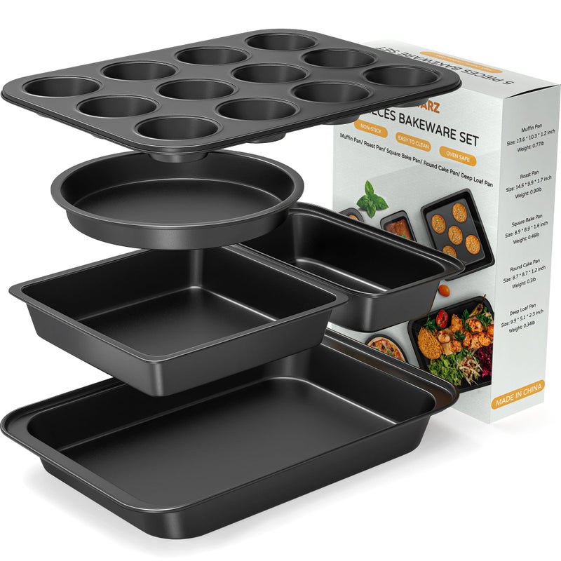Zapstarz 5 Pieces Baking Pans Set Nonstick Baking Sheet Tray Oven Pans Bakeware Set Baking Supplies with RoundSquare Cake Pan Muffin Pan Loaf Pan Roast Pan Stackable Baking Sets for Cooking - Image 2