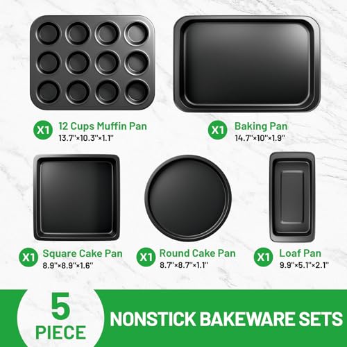 Zapstarz 5 Pieces Baking Pans Set Nonstick Baking Sheet Tray Oven Pans Bakeware Set Baking Supplies with RoundSquare Cake Pan Muffin Pan Loaf Pan Roast Pan Stackable Baking Sets for Cooking - Image 3