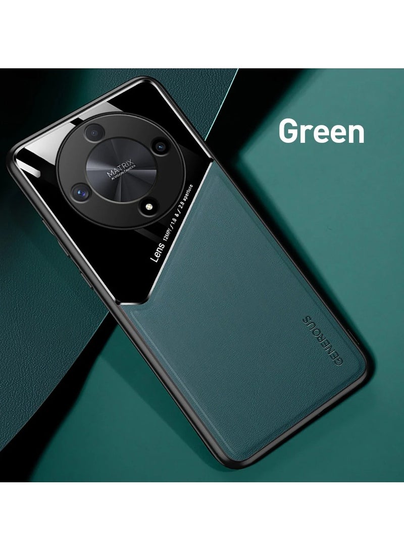 Case Compatible With Honor X9B Cover Luxury Leather And Glass With Car Magnetic Holder Phone Cover Soft Frame Silicone (Green) - Image 1