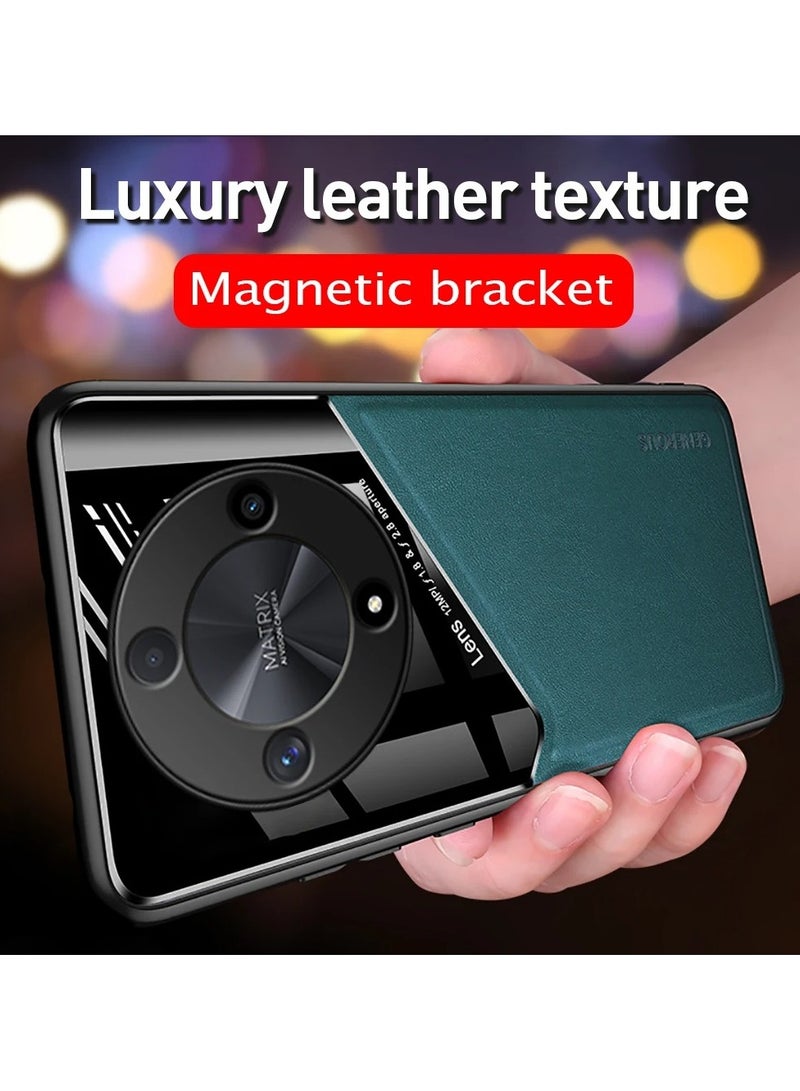 Case Compatible With Honor X9B Cover Luxury Leather And Glass With Car Magnetic Holder Phone Cover Soft Frame Silicone (Green) - Image 3