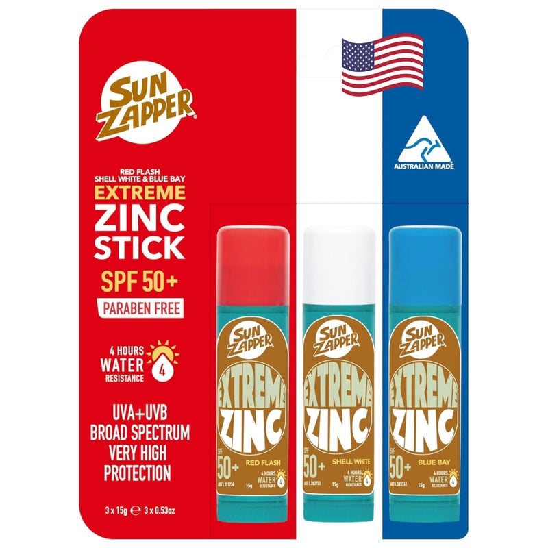 Sun Zapper Extreme Zinc Oxide Sunscreen Stick â€“ SPF 50+ Water Resistant â€“ 3-Pack (Red, White, Blue) â€“ For Face â€“ Made in Australia - Image 1