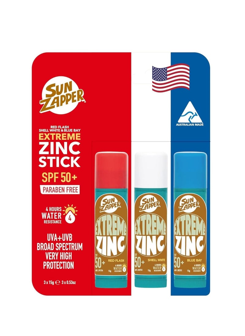 Sun Zapper - Sun Zapper Extreme Sunscreen Zinc Stick - Red, White, Blue 3-Pack SPF50+ Colored Zinc Oxide Sticks for Face - Made in Australia - Image 1