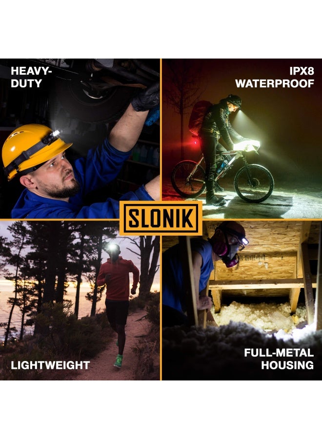 Slonik مصباح رأس SLONIK القابل لإعادة الشحن للبالغين - 1000 لومن ساطع للغاية مع شعاع LED بطول 60 قدم - خفيف الوزن، قوي، مقاوم للماء IPX4 - معدات التخييم، مصباح رأس للجري، أسود - Image 2
