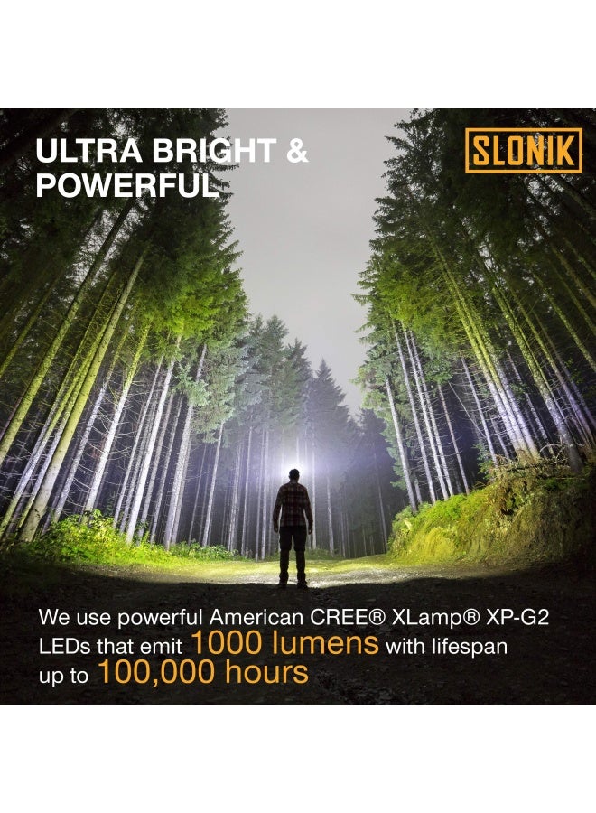 Slonik مصباح رأس SLONIK القابل لإعادة الشحن للبالغين - 1000 لومن ساطع للغاية مع شعاع LED بطول 60 قدم - خفيف الوزن، قوي، مقاوم للماء IPX4 - معدات التخييم، مصباح رأس للجري، أسود - Image 3
