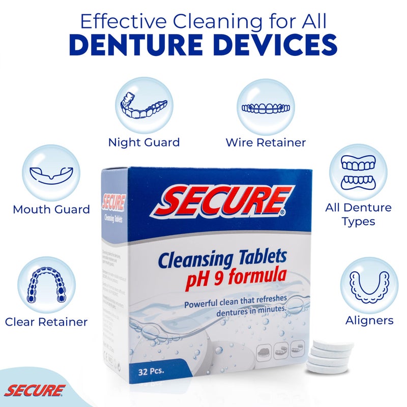 Secure Anti-Plaque Cleansing Tablets PH Formula Removes Odors, Stains, Bacteria, Germs - Deeply Clean Dentures, Partials, Nightguards, Retainers in 5 Minutes - Zinc Free - 32 Tablets (1 Pack) - Image 5