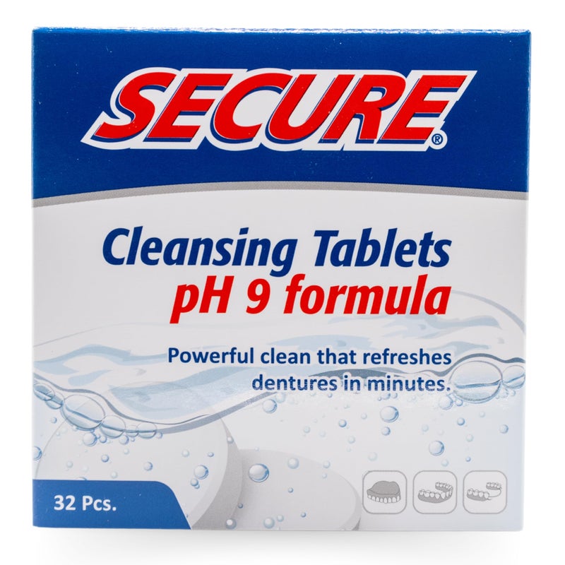 Secure Anti-Plaque Cleansing Tablets PH Formula Removes Odors, Stains, Bacteria, Germs - Deeply Clean Dentures, Partials, Nightguards, Retainers in 5 Minutes - Zinc Free - 32 Tablets (1 Pack) - Image 1