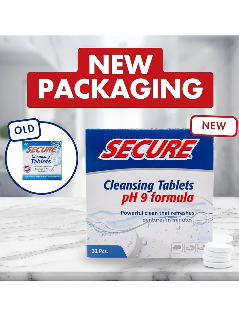 secure - Secure Anti-Plaque Cleansing Tablets PH Formula Removes Odors, Stains, Bacteria, Germs - Deeply Clean Dentures, Partials, Nightguards, Retainers in 5 Minutes - Zinc Free - 32 Tablets (1 Pack) - Image 1