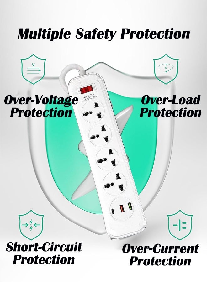 باور_لايف تمديد كهربائي واقي من زيادة التيار الكهربائي بطول 2 متر، سلك تمديد عالمي بمقبس المملكة المتحدة، شريط طاقة مزود بـ 4 منافذ تيار متردد، منفذي USB A، منفذ USB-C للمنزل وغرفة النوم والمطبخ والمكتب والمزيد، باللون الأبيض - Image 5