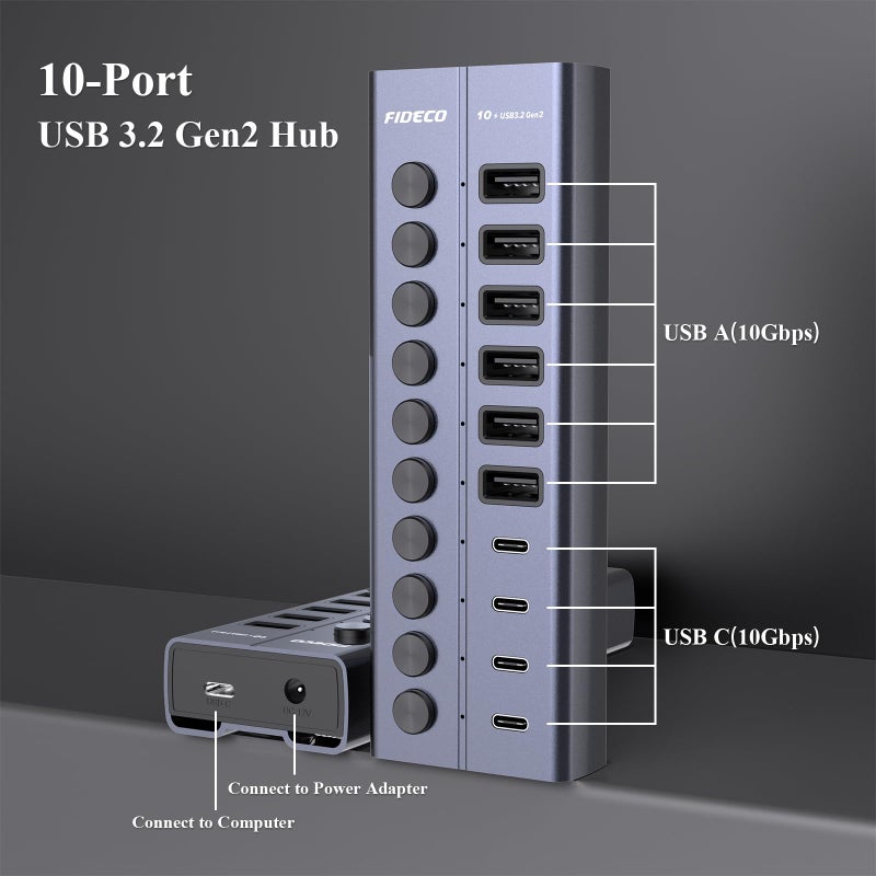 FIDECO 60W Powered USB Hub for Laptop and PC, 10-Port 10Gbps USB Splitter with 12V 5A Power Adapter, Aluminum USB 3.2 Gen 2 Multiport Adapter, 6 USB-A and 4 USB-C Ports, Support BC1.2 Charging - Image 5