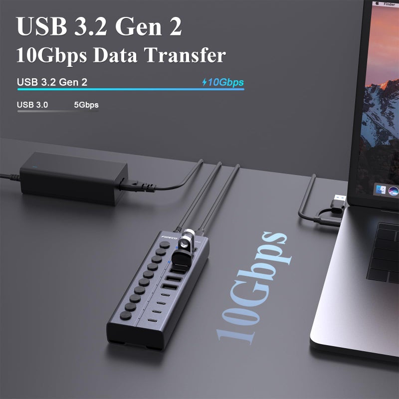 FIDECO 60W Powered USB Hub for Laptop and PC, 10-Port 10Gbps USB Splitter with 12V 5A Power Adapter, Aluminum USB 3.2 Gen 2 Multiport Adapter, 6 USB-A and 4 USB-C Ports, Support BC1.2 Charging - Image 2
