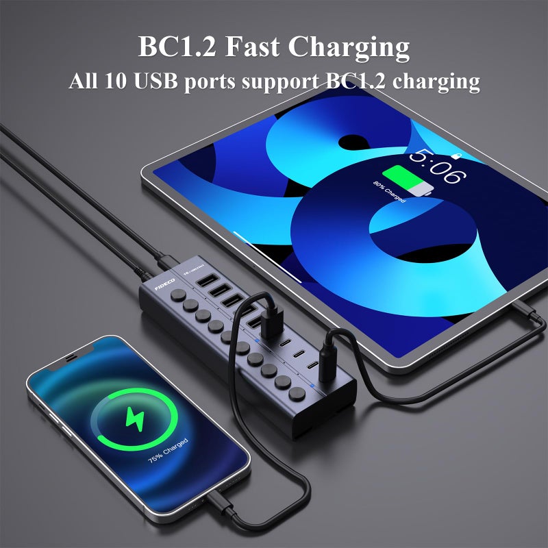 FIDECO 60W Powered USB Hub for Laptop and PC, 10-Port 10Gbps USB Splitter with 12V 5A Power Adapter, Aluminum USB 3.2 Gen 2 Multiport Adapter, 6 USB-A and 4 USB-C Ports, Support BC1.2 Charging - Image 4