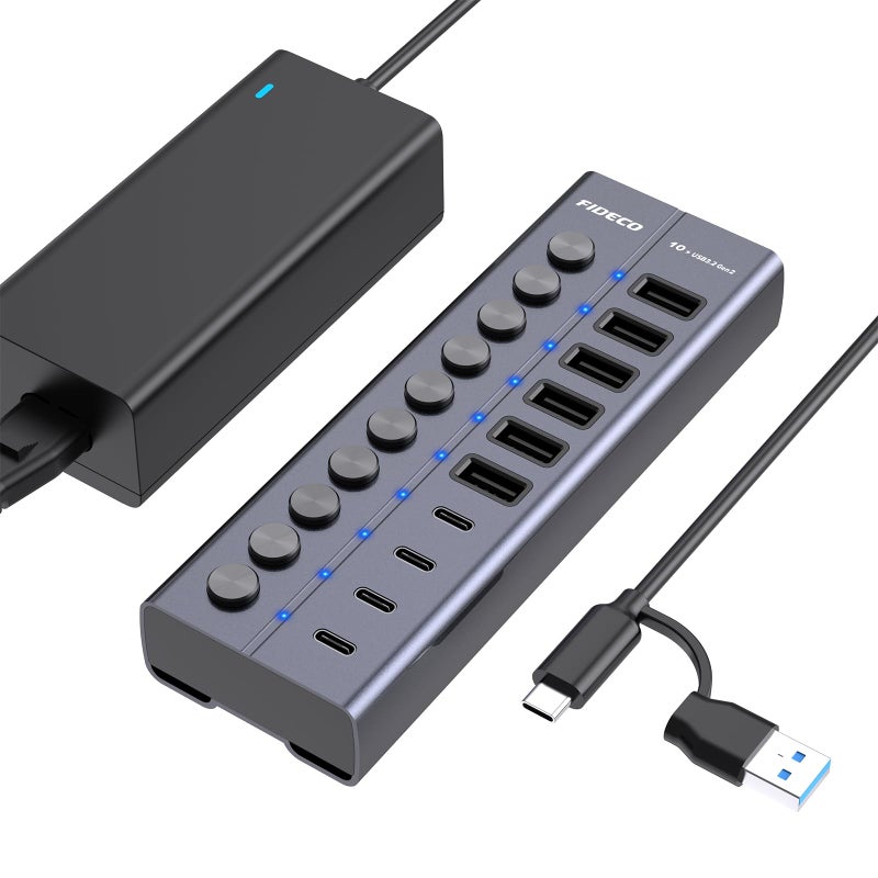 FIDECO 60W Powered USB Hub for Laptop and PC, 10-Port 10Gbps USB Splitter with 12V 5A Power Adapter, Aluminum USB 3.2 Gen 2 Multiport Adapter, 6 USB-A and 4 USB-C Ports, Support BC1.2 Charging - Image 1
