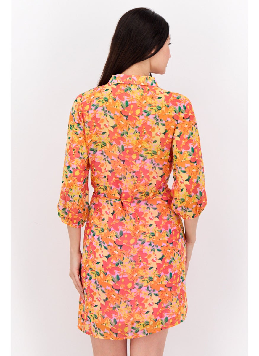 Marissa Olivia - Women Floral Print Shirt Dress, Red - Image 1