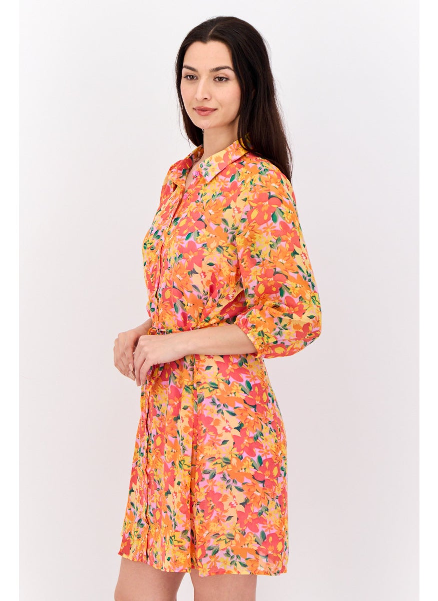 Marissa Olivia - Women Floral Print Shirt Dress, Red - Image 1