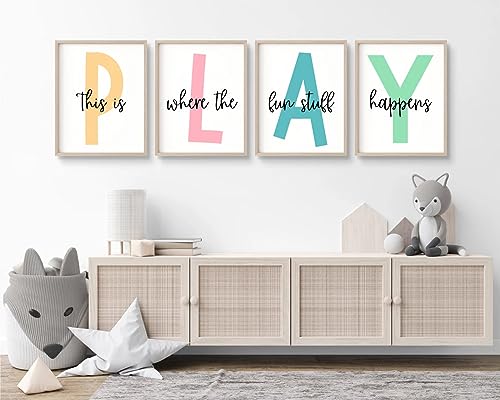 Baccone Kids Playroom Wall Art Playroom Wall Decor Kids Play Canvas Wall Art Play Sign Pictures Toddler Playroom Art Prints Nursery Children Artwork for Room Bedroom Set of 4 12x16 Inch Unframed - Image 1