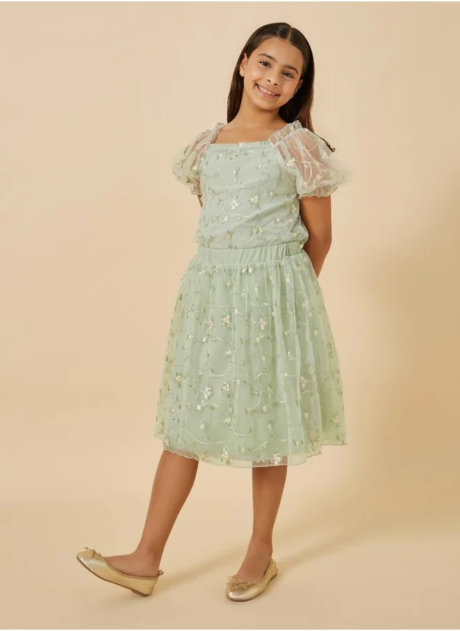 Styli Embroidered Puff Sleeve Top and Skirt Set