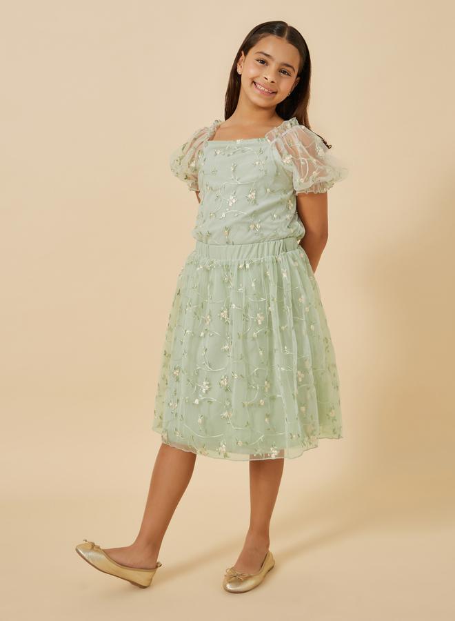 Styli Embroidered Puff Sleeve Top and Skirt Set  - Image 1