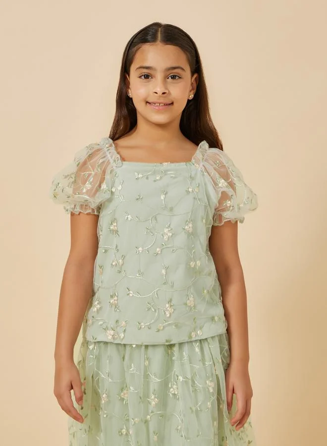 Styli Embroidered Puff Sleeve Top and Skirt Set