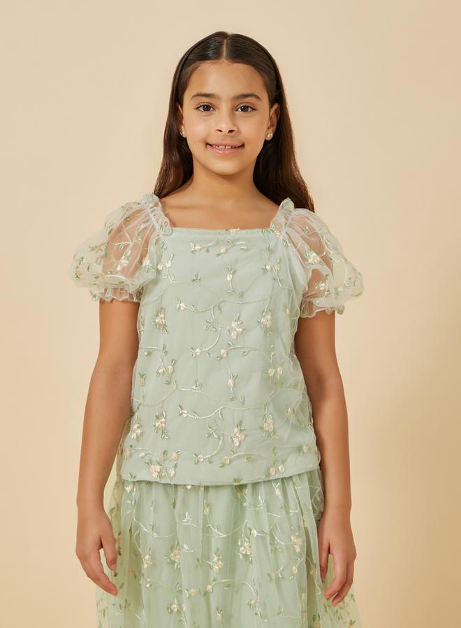 Styli Embroidered Puff Sleeve Top and Skirt Set  - Image 3