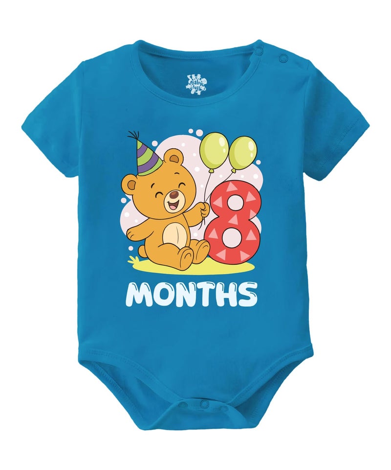 Baby Buzz Monthly Birthday Teddy Theme Romper | New Born Baby Boy Girl Birthday Dress 100% Cotton Bodysuit | Monthly Birthday Photoshoot Probes (8 Months, Blue, 6-12 Months) - Image 1