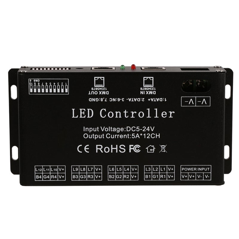 Dmx Decoder Driver: 12 Output Channels, 256 Gray Levels, 0-100% Dimming - Dmx512 Protocol, Dip Switch Address, Dc5v-24v Input Led Controller for Led Lighting Control - Image 3