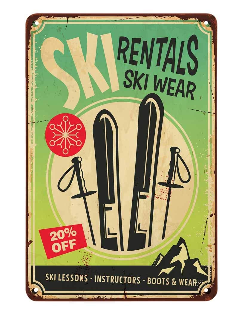AOYEGO AOYEGO Ski Rentals Tin Sign Ski Wear Ski Lessons Instructors Boots Vintage Metal Tin Signs for Cafes Bars Pubs Shop Wall Decorative Funny Retro Signs for Men Women 8x12 Inch - Image 3