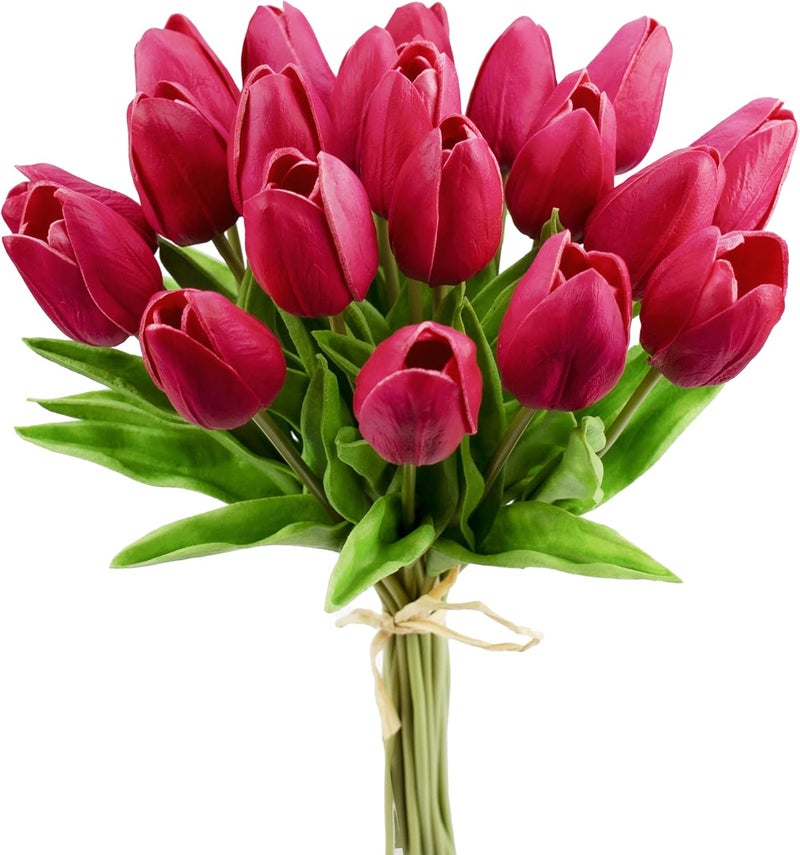 Mandy's Artificial Tulips 20 Stems Hot Pink PU Faux Flowers for Thanksgiving and Christmas Decorations Wedding Home Decor 13.5 Inch - Image 1
