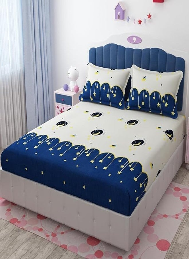 Blue Strip ملاءة سرير مزدوجة مطبوعة بمقاس كينج، مصنوعة من قطن ناعم الملمس، 300 خيط، بنمط خطوط زرقاء، مزودة بمطاط، مع غطاءين للوسائد، تناسب أغطية وسائد يصل عرضها إلى 9 بوصات، المقاس: 72 × 78 × 10 بوصات - Image 1