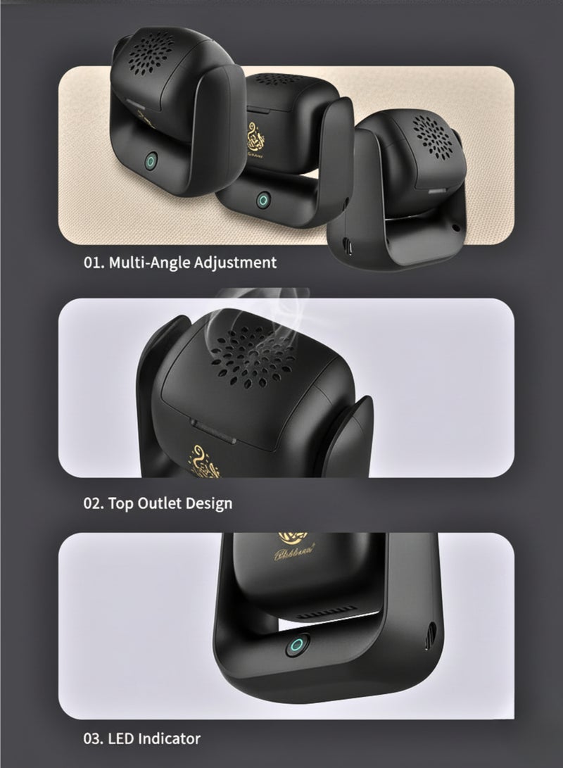 بخون مبخرة كهربائية محمولة - موزع عالي الحرارة 700 درجة مئوية، مبخرة كهربائية صغيرة قابلة لإعادة الشحن بقوة 1500 مللي أمبير في الساعة للسيارة والمنزل والمكتب والسفر - أسود - Image 3