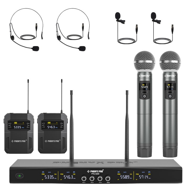 نظام ميكروفون لاسلكي Phenyx Pro 4 قنوات مجموعة ميكروفون لاسلكي مع ميكروفونات محمولة وجسمية وسماعات رأس وميكروفونات لابيل ميكروفون لاسلكي للغناء والكاريوكي والكنيسة PTU52002H2B