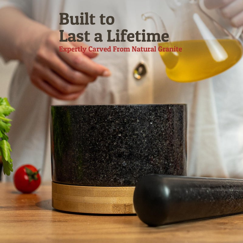 Priority Chef طقم مدقة وهاون من PriorityChef مع قاعدة من الخيزران، مطحنة حجرية طبيعية 100%، وعاء جواكامولي ومدقة، 2 كوب، أسود - Image 2