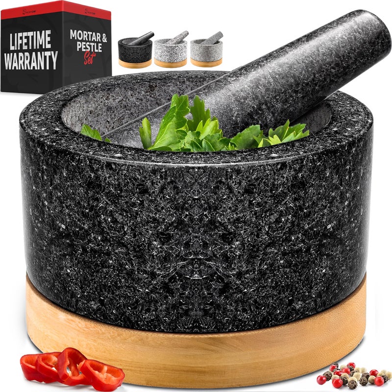 Priority Chef طقم مدقة وهاون من PriorityChef مع قاعدة من الخيزران، مطحنة حجرية طبيعية 100%، وعاء جواكامولي ومدقة، 2 كوب، أسود - Image 1