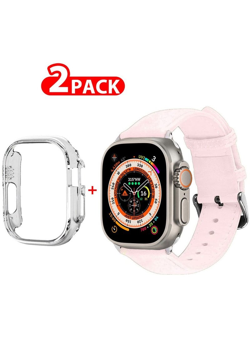CATANES - 2 Packs For Apple Watch Band 49mm Leather Band Buckle Strap Wristband and Clear Case Holder Pink - Image 1