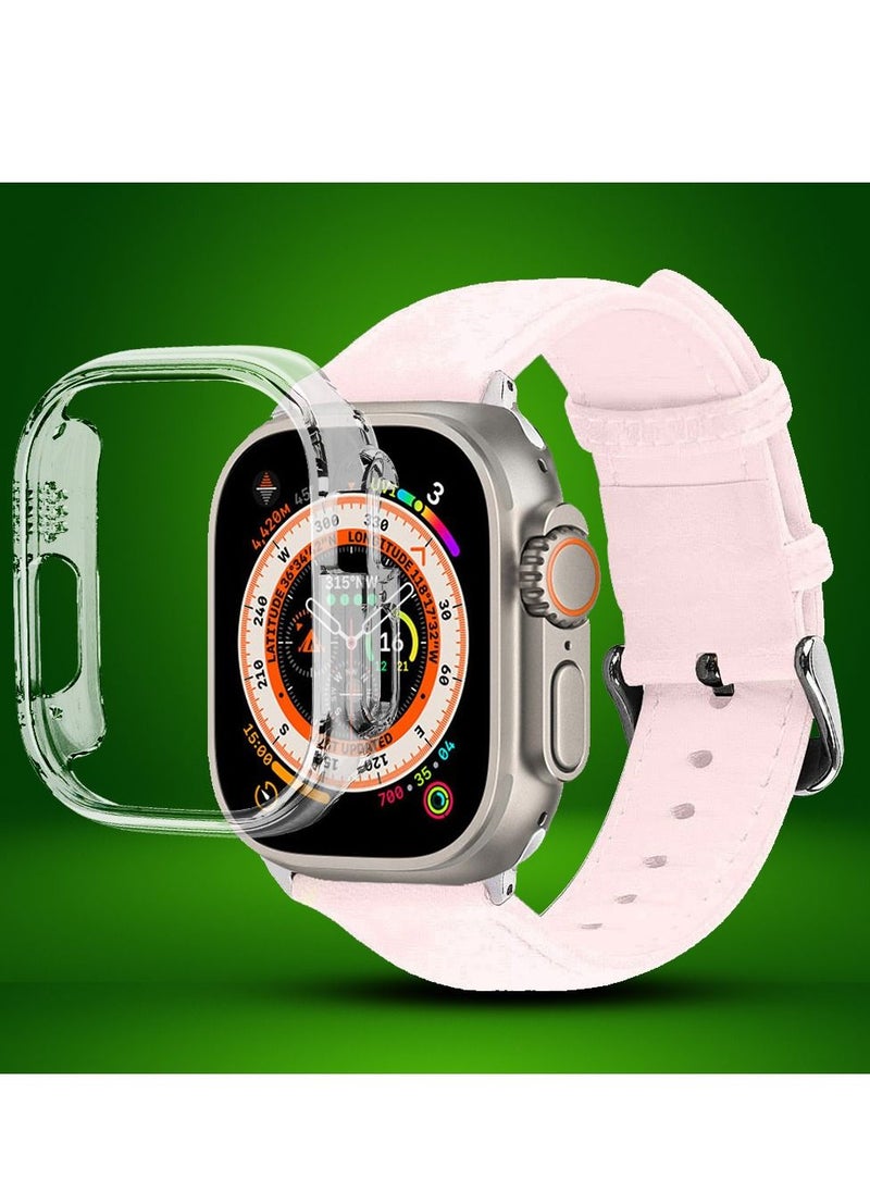 CATANES - 2 Packs For Apple Watch Band 49mm Leather Band Buckle Strap Wristband and Clear Case Holder Pink - Image 1