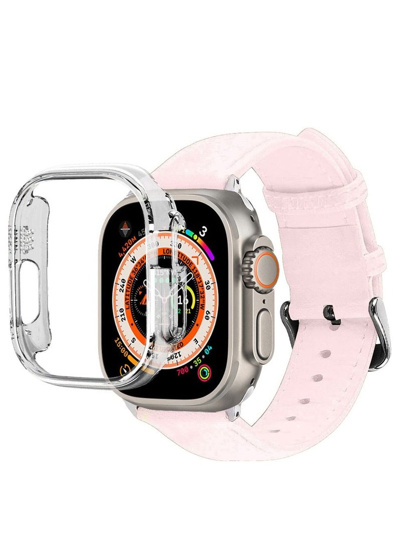 CATANES - 2 Packs For Apple Watch Band 49mm Leather Band Buckle Strap Wristband and Clear Case Holder Pink - Image 1