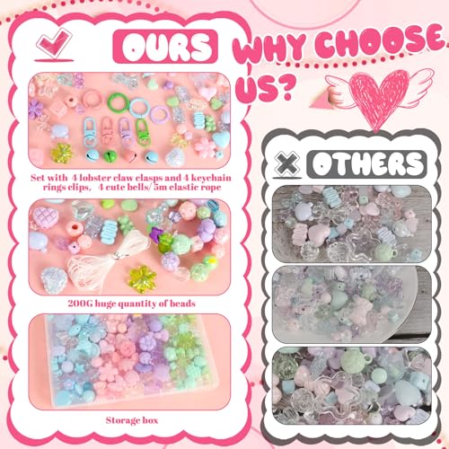 RYKOMO 450-550PCS Assorted Acrylic Beads for Bracelet Making Kit, with Bell, String, Key Rings, Clips in 4 Colors Flowers Hearts Bows Bears Candy Kawaii Cute Beads for DIY Keychain Jewelry Making - Image 4