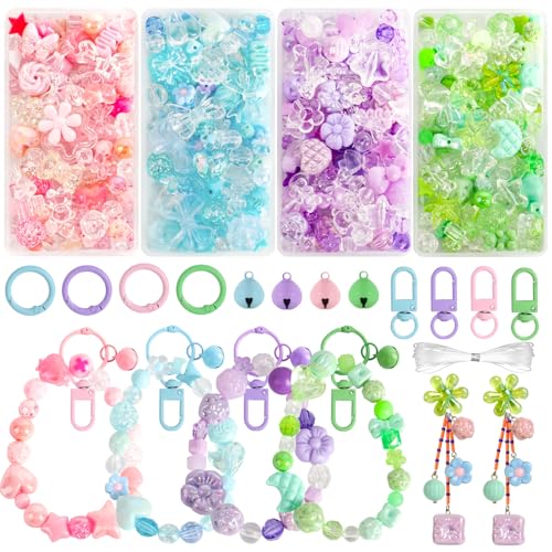 RYKOMO 450-550PCS Assorted Acrylic Beads for Bracelet Making Kit, with Bell, String, Key Rings, Clips in 4 Colors Flowers Hearts Bows Bears Candy Kawaii Cute Beads for DIY Keychain Jewelry Making - Image 1
