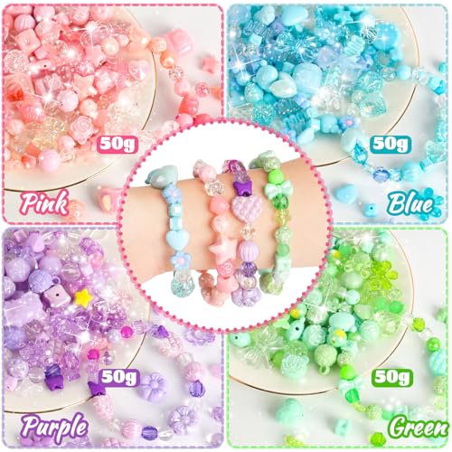 RYKOMO 450-550PCS Assorted Acrylic Beads for Bracelet Making Kit, with Bell, String, Key Rings, Clips in 4 Colors Flowers Hearts Bows Bears Candy Kawaii Cute Beads for DIY Keychain Jewelry Making - Image 3