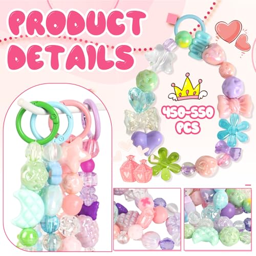 RYKOMO 450-550PCS Assorted Acrylic Beads for Bracelet Making Kit, with Bell, String, Key Rings, Clips in 4 Colors Flowers Hearts Bows Bears Candy Kawaii Cute Beads for DIY Keychain Jewelry Making - Image 5