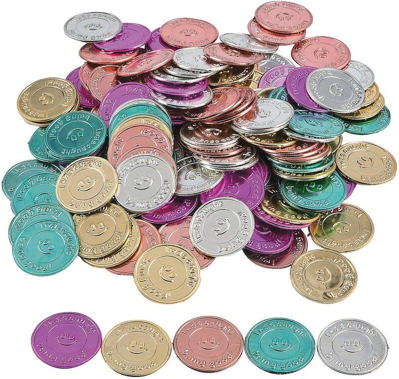 Fun Express I Was Caught Being Good! Plastic Coins - Bulk Set of 144 Colorful Reward Tokens