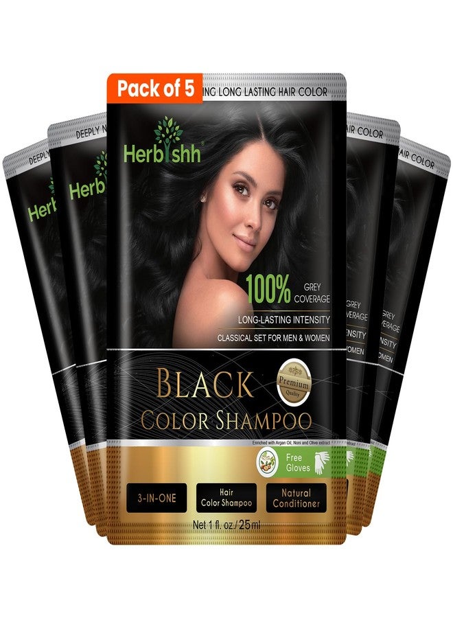Herbishh Black Hair Dye Shampoo (25ml x 5 Sachets) | 100% Grey Coverage Ammonia Free, Instant Hair Dye Shampoo for Women & Men | Long Lasting & Travel Friendly - Image 1