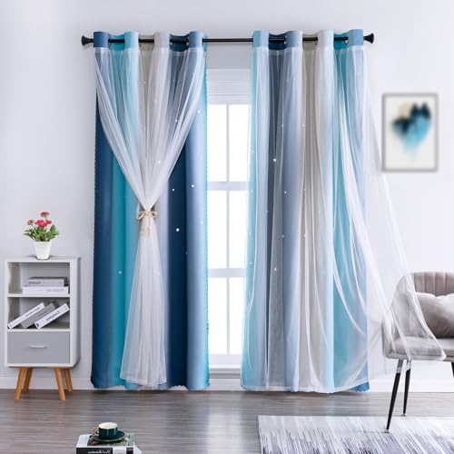 Anytime Dream Star Blackout Curtains for Kids Rooms Girl Princess Curtain for Daughter Bedroom Window (Blue,1 Panel,W52 x L63inch) - Image 1
